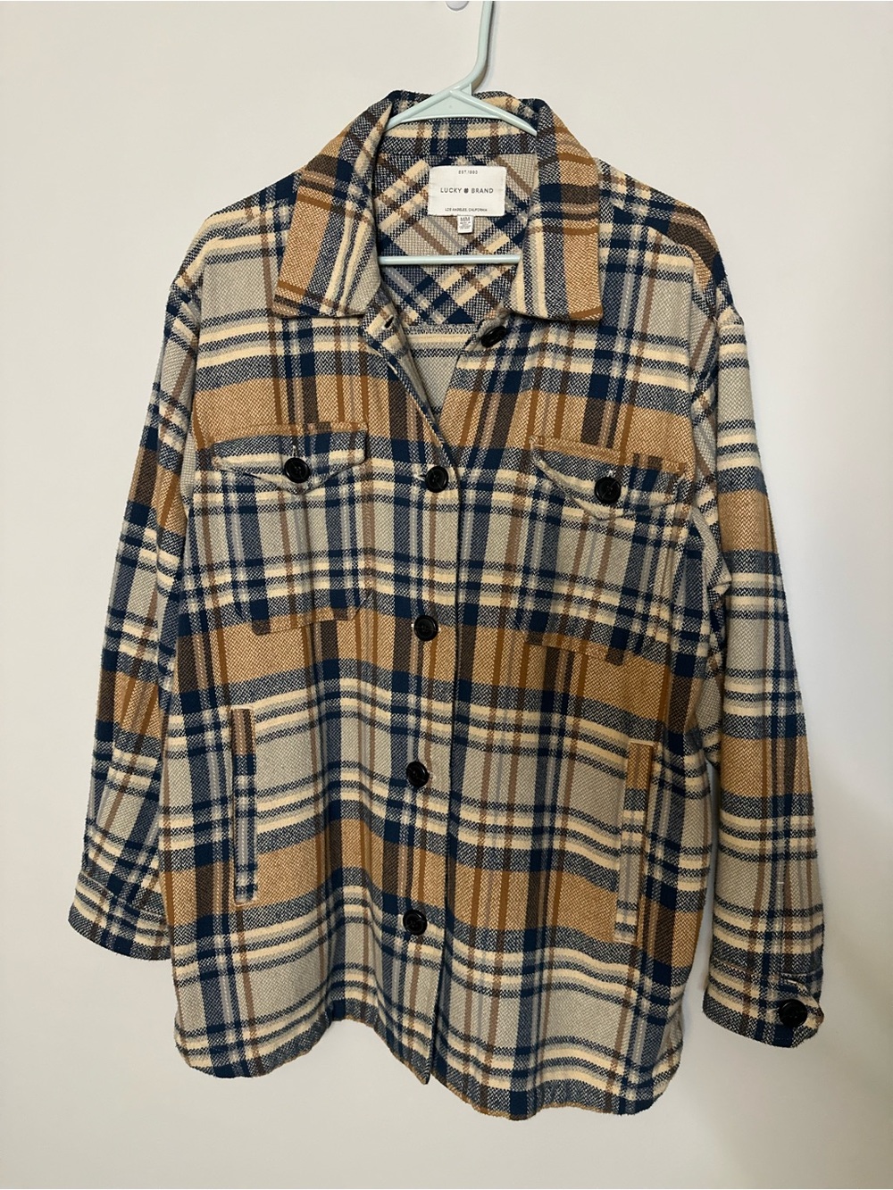 Lucky Brand Beige and Navy Plaid Lightweight Shacket